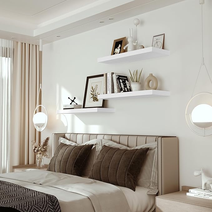 Vivelove Floating Shelves for Wall 24 inchs Long, 9.1” deep Wall Shelf for Bedroom, Bathroom, Living Room, Kitchen, Office Home Decor, Deep Wood Shelves with Invisible Brackets, Set of 2 White