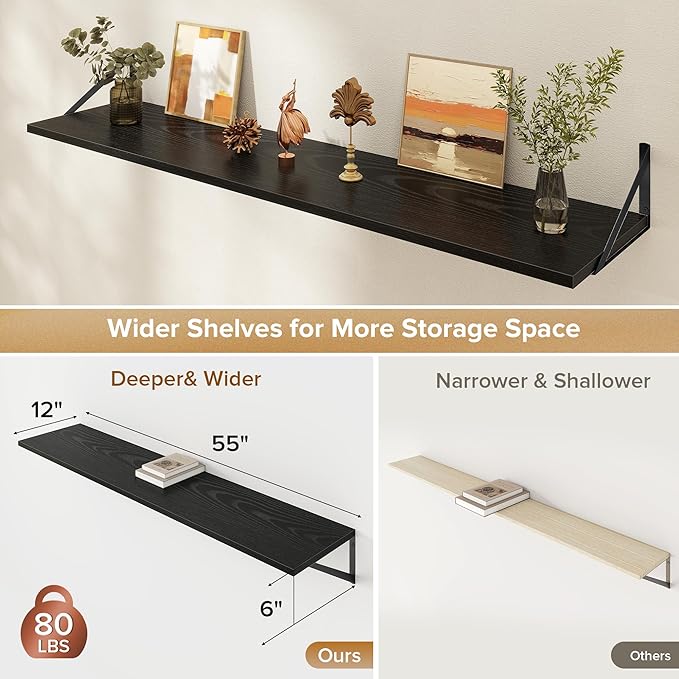 Deep Floating Shelves Wall Mounted, 55"x12" Black Wall Shelves with Brackets Set of 2 for Bedroom, Living Room, Bathroom, Kitchen, Office - Storage & Display Shelf for Decor, Books, Plants