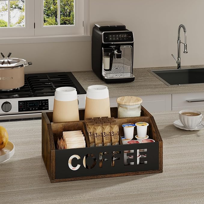 YINMIT Coffee Station Organizer for Countertop, Wood Coffee Bar Organizer with Removable Dividers for Pods, Syrup, Cups, Stirrer, Tea - Office Bar Accessories (Iron Sheet-Vintage Brown, 1 Tier)