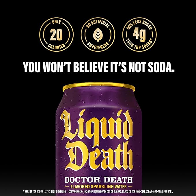 Liquid Death Soda-Flavored Sparkling Water - Doctor Death (Cherry, Cream, Spice), Less Sugar*, Huge Flavor, No Caffeine, No Artificial Sweeteners, King Size 19.2 Fl Oz (Pack of 12)