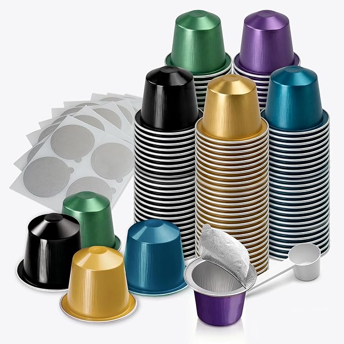 Disposable Coffee Pods For Nespresso OriginalLine,150 Empty Fillable Espresso Capsules With Aluminum Foil Lids,Make Your Own Replacement Pod For Nespresso Machines(Black,Gold,Green,Purple,Blue)