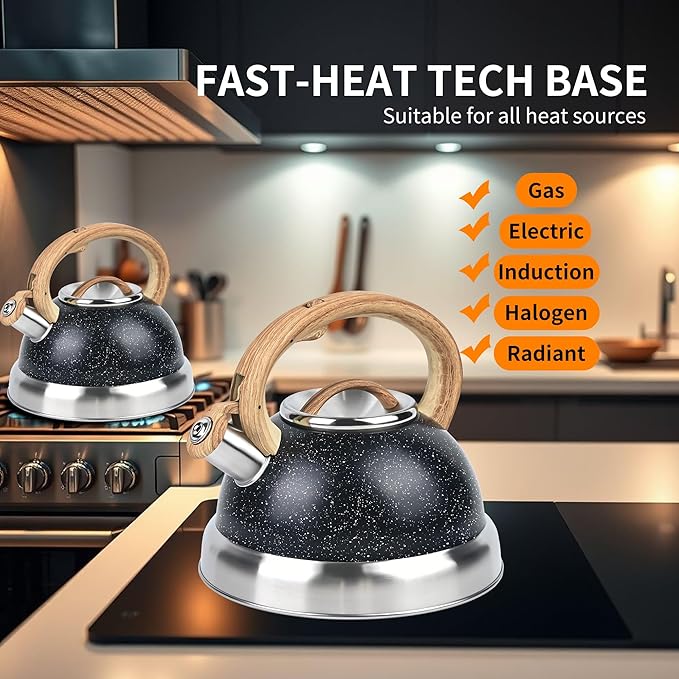 3 Quart Stainless Steel Whistling Tea Kettle – Natural Stone Finish Teapot with Cool-Touch Wood Handle, Loud Whistle & Rust-Resistant Base(black)