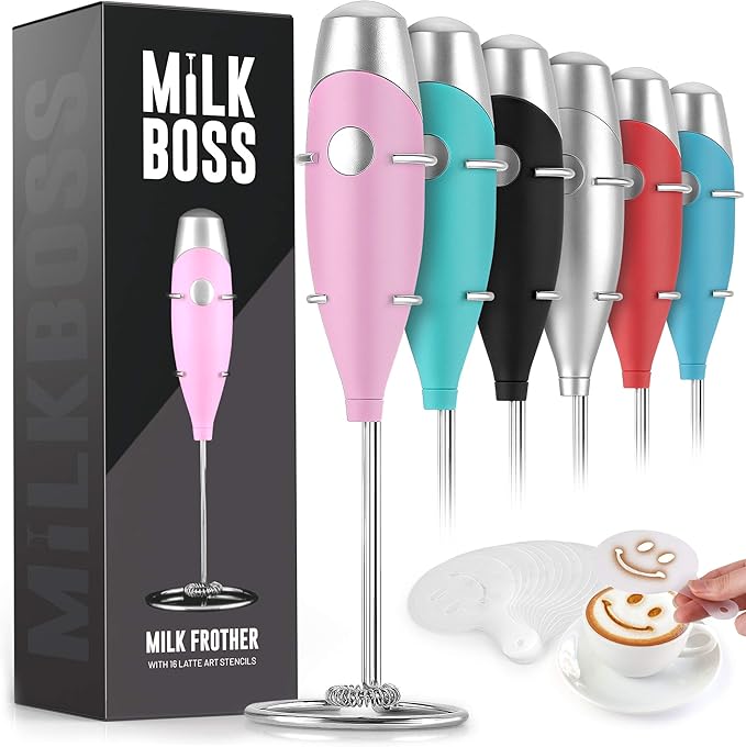 Milk Boss Mighty Milk Frother Handheld Whisk Mixer - Coffee Frother Electric Handheld Foam Maker & Frother For Coffee - Portable Electric Whisk With 16-Piece Stencils For Lattes, Matcha & More (Pink)