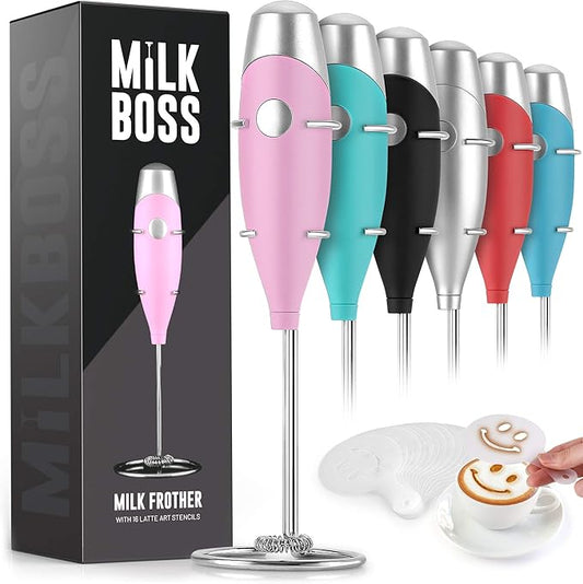 Milk Boss Mighty Milk Frother Handheld Whisk Mixer - Coffee Frother Electric Handheld Foam Maker & Frother For Coffee - Portable Electric Whisk With 16-Piece Stencils For Lattes, Matcha & More (Pink)