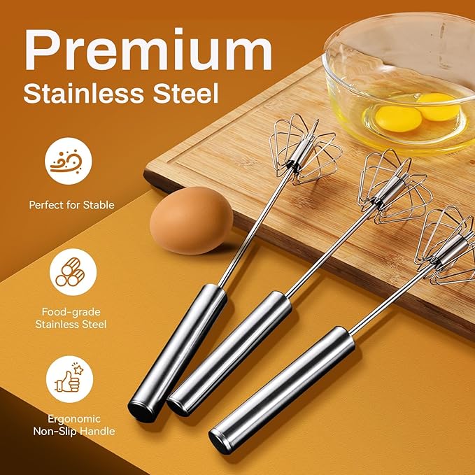 Stainless Steel Semi-Automatic Whisk, 2025 Upgraded Stainless Steel Egg Whisk Hand Push Rotary Whisk, Hand Push Mixer Stirrer Tool for Cooking Kitchen Home Egg Milk (3pcs)