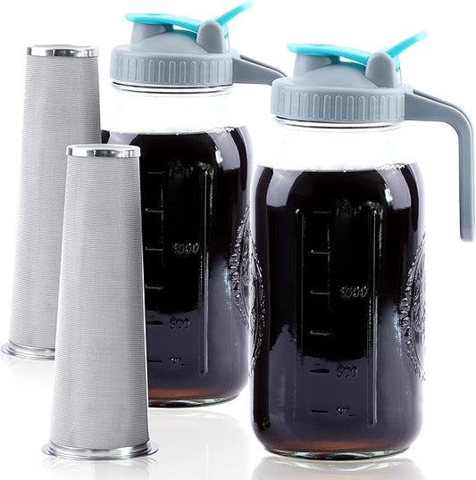 Cold Brew Coffee Maker 64 Oz Wide Mouth Mason Jar Iced Coffee Maker 2 Set Half Gallon Glass Pitcher With Strainer 2 Quart Cold Brew Pitcher With Spout Lids For Fridge, Lemonade, Cold Brew, Milk