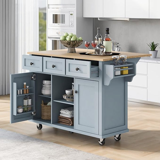 Yayzy Rolling Kitchen Island with Drop Leaf, Cabinet Door Storage Racks & 3 Drawers, Mobile Kitchen Cart with Rubberwood Top & Locking Wheels for Dining Room & Kitchen, 53-Inch, Grey Blue
