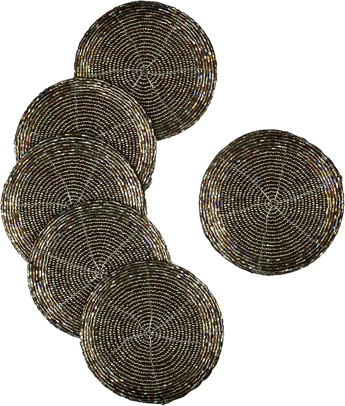Handmade Beaded Wire Coaster Set of 6-4 Inch Round Coasters, Elegant Beautiful Stylish Decorative Drink Coaster Perfect for Home, Office, Christmas, & Everyday Use - Brown