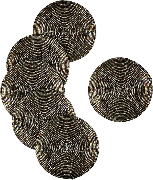 Handmade Beaded Wire Coaster Set of 6-4 Inch Round Coasters, Elegant Beautiful Stylish Decorative Drink Coaster Perfect for Home, Office, Christmas, & Everyday Use - Brown