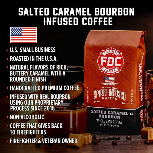 Fire Department Coffee - Salted Caramel Bourbon Coffee Beans - Gives Back to Firefighters - Premium Bourbon Infused - Whole Bean - Non-Alcoholic - Roasted in the USA - Veteran Owned (12 oz, Pack of 2)