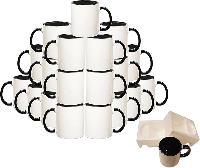 owndis Mug 36-Piece Double Sublimation Coated Ceramic Mugs, 11 Oz, Blank All White and Black with Black Handle-Case of 36-Black