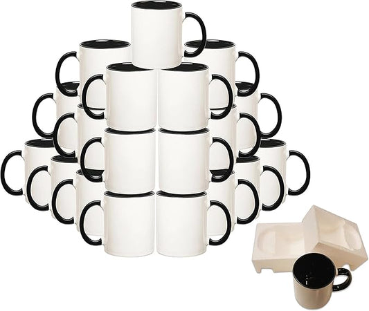 owndis Mug 36-Piece Double Sublimation Coated Ceramic Mugs, 11 Oz, Blank All White and Black with Black Handle-Case of 36-Black