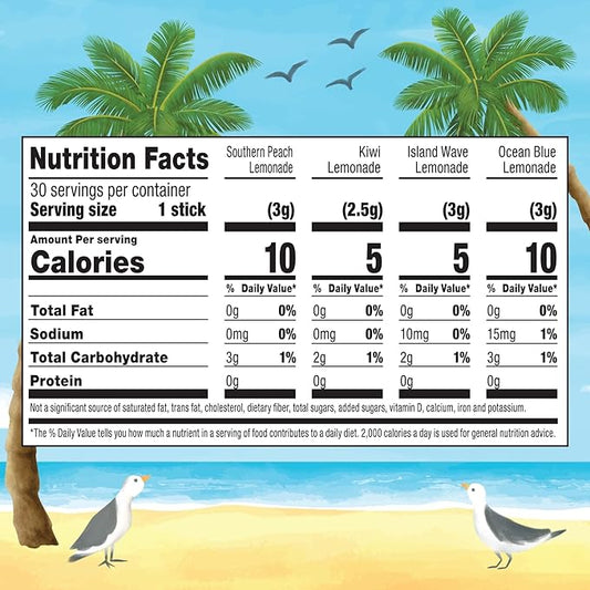 Calypso Singles To Go! Drink Mix Variety Pack – Lemonade On-the-Go Powdered Drink Mix Packets – Low Calorie Water Enhancer – Island Wave, Kiwi, Southern Peach, Ocean Blue Lemonade, 30 Count