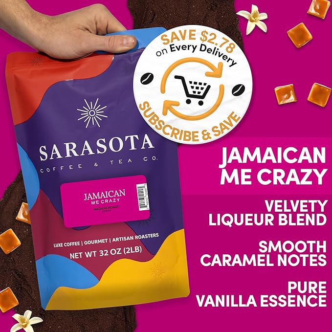 2 lb Jamaican Me Crazy Ground Coffee | Tropical Flavored Coffee with Vanilla Caramel Rum | Bulk Medium Roast Flavored | Specialty Grade | 32 oz