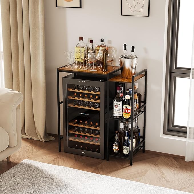 Mini Fridge Stand with Storage Shelves, Wine Cabinet, Microwave Stand, Coffee Bar, TV Stand, Bakers Rack, Beverage Refrigerator Table Adjustable for Dorm Apartment Kitchen Rustic Brown