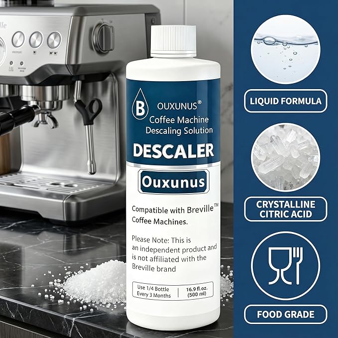 Ouxunus Descaling Solution Compatible with Breville Coffee Machines, 16.9 fl oz Concentrated Liquid with Citric Acid, Eco-Friendly 4 Use Bottle (1)