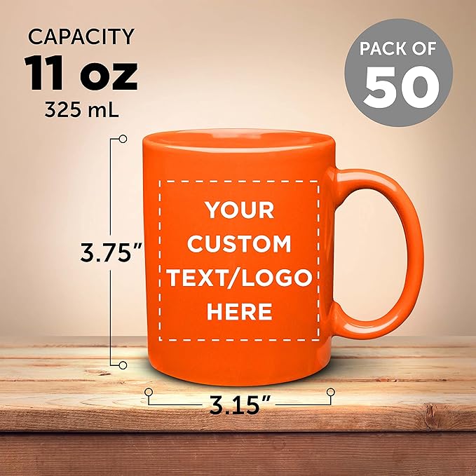 Custom Ceramic Coffee Mugs 11 oz. Set of 50, Personalized Bulk Pack - Coffee cup set, Iced coffee cup, Gaming mug - Orange