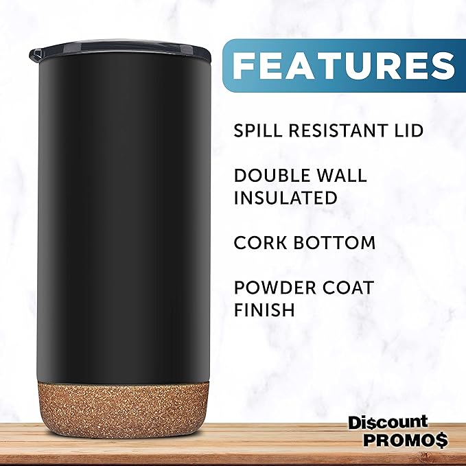 DISCOUNT PROMOS Travel Tumblers with Cork Bottom 16 oz. Set of 10, Bulk Pack - Double Wall Insulated, Matte Finish, Perfect for Iced Coffee, Soda, Other Beverages - Black