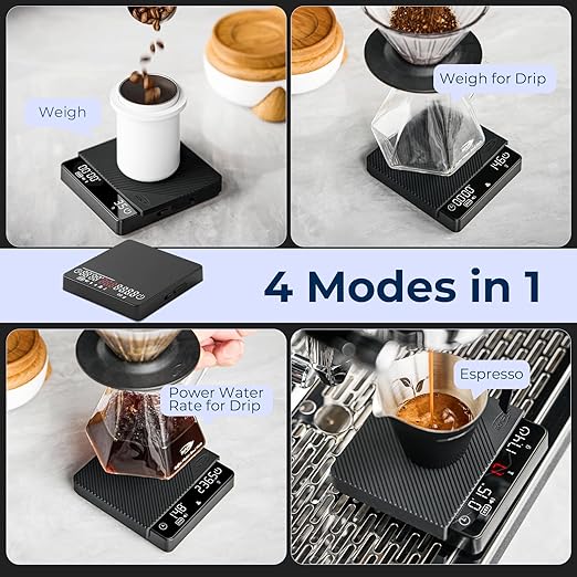 IKAPE Espresso Coffee Scale with Timer, 2kg/0.1g High Precision Digital Scale with Silicone Mat, 4 Modes in One, LED Display, Auto-Tare, for Kitchen, Cooking, Espresso, Pour Over Coffee