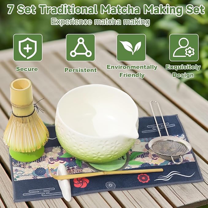 Matcha Whisk Set, 7Pcs Green Matcha Kit for Ceremony, Handcrafted Gifts for Women, Traditional Ceramic Matcha Bowl with Spout, Bamboo Whisk and Holder, Tea Set for Matcha Lovers, Gift for Christmas