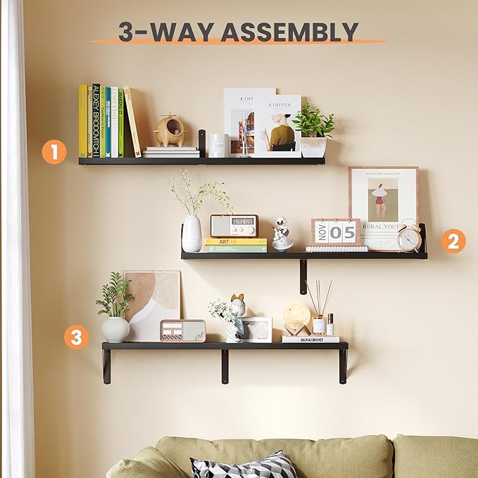 upsimples Floating Book Shelves for Wall, 35.4 Inches Long Floating Wood Shelves for Living Room, Library, Bedroom, Office Organizer and Storage, Black