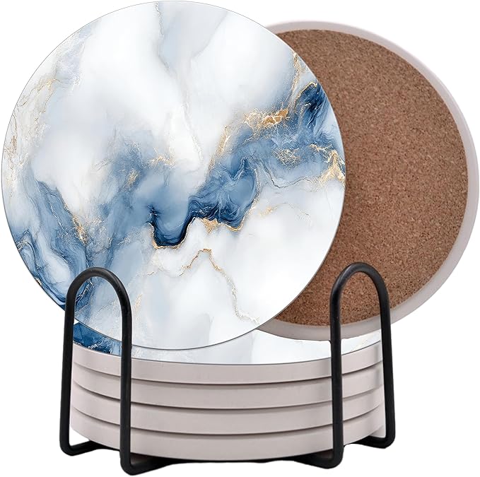 White Agate Marble Round Coasters Set of 6 - Abosrbent Ceramic Coasters with Metal Stand for Drinks, Coffee, Non-Slip Cork Back for Tabletop Protection, 4 Inches Marbled Pattern (Agate)