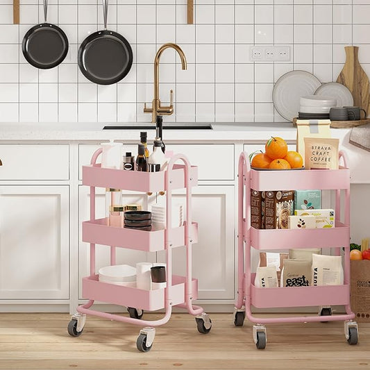 3-Tier Utility Rolling Cart,Kitchen Storage Carts with Wheels,Pink Metal Rolling Cart for Office,Home,Kitchen,Garden（13.4"x18.1"x31"） Pink