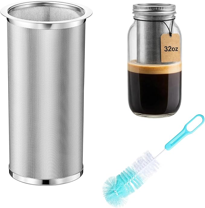 Acellegic Cold Brew Coffee Filter with Brush Tea Infuser Strainer for 32 Oz/1 Quart Wide Mouth Mason Jar 304 Stainless Steel Food Grade Filter with Sealing Ring for Iced Drink Fruit Tea Coffee Maker