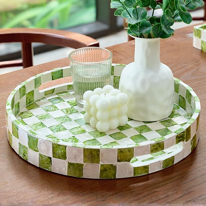 12.6" Capiz Decorative Tray with Handles, Checkered Round Serving Tray for Coffee Table, Kitchen Counter, or Bathroom (Pistachio Green)