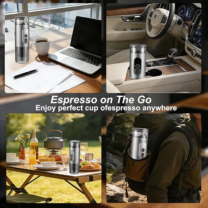 Portable Electric Espresso Machine Travel Coffee Maker 20 bar Mini Espresso Self-Heating Car Coffee Maker Compatible with Ground Coffee & NS Capsule for Camping RV Hiking Offic, Gray
