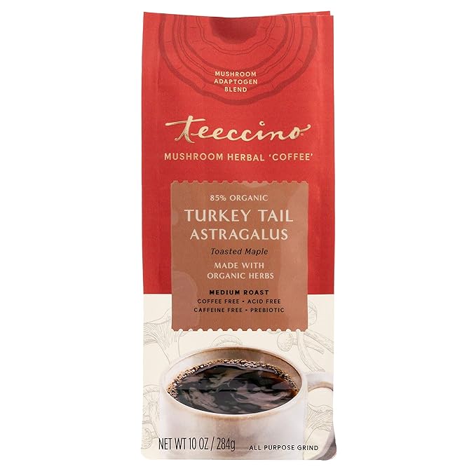 Teeccino Turkey Tail Astragalus Coffee Alternative - Toasted Maple - Adaptogenic Herbal Mushroom Coffee, Medium Roast, Caffeine Free, Prebiotic, Acid Free, All-Purpose Grind - 10 Oz