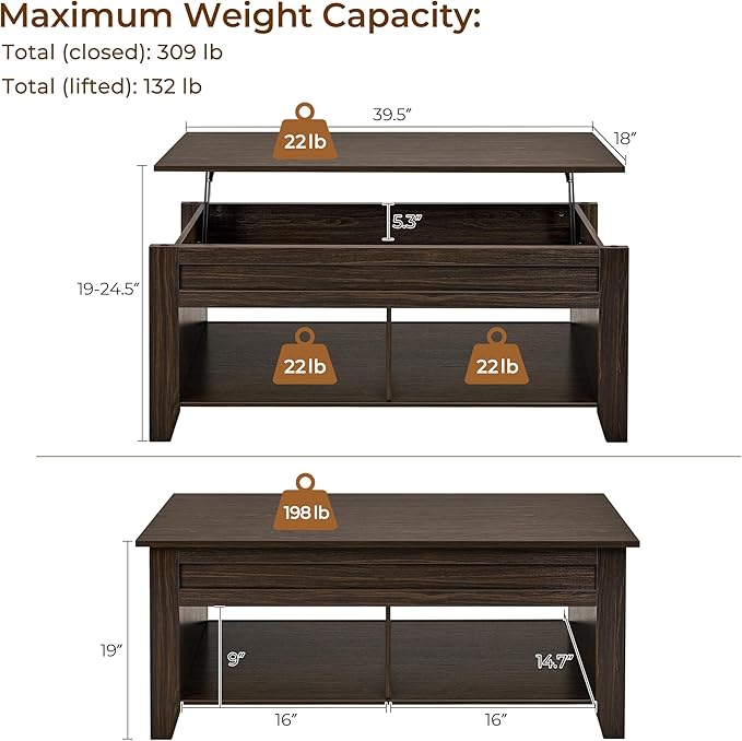 Yaheetech Lift Top Coffee Table with Hidden Storage Compartment & Seperated Lower Shelf, Lift Up Coffee Table, Rising Tabletop Dining Table for Living Room, 39.5 in L, Espresso