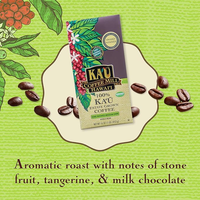 Ka'u Coffee Mill Semi-Washed Medium Dark Roast Whole Bean Coffee - Stone Fruit, Citrus, & Milk Chocolate Notes - Handpicked & Semi-Washed Hawaii Grown Arabica Beans - Gourmet Small Batch - 16oz