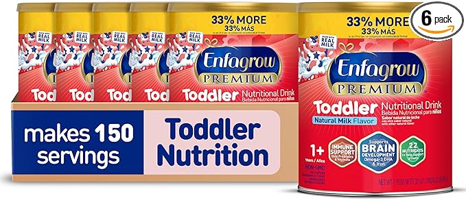 Enfagrow PREMIUM Toddler Nutritional Drink, Made with Real Milk, Brain-Building Omega-3 DHA, Nutrients and Prebiotics for Growth & Immune Support, Non-GMO, Toddler Milk Powder, 32 Oz Can, 6 Count