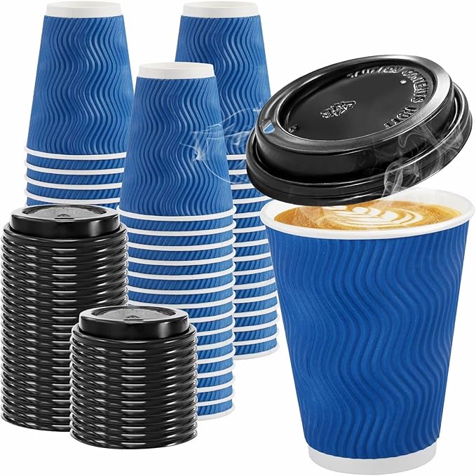 Clawsoff 100 Pack Coffee Cups with Lids 12oz, Disposable Insulated Ripple Wall To Go Paper Coffee Cups for Hot/Cold Drinks Office Home Shop Event (Navy)