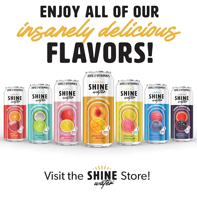 Shine Water Peach Mango Vitamin D Electrolyte Drinks 12-Pack, Sugar Free Flavored Water with Magnesium, Zinc & Antioxidants, Low Calorie Hydration Beverage, Plant-Based Vitamin Water Zero Sugar