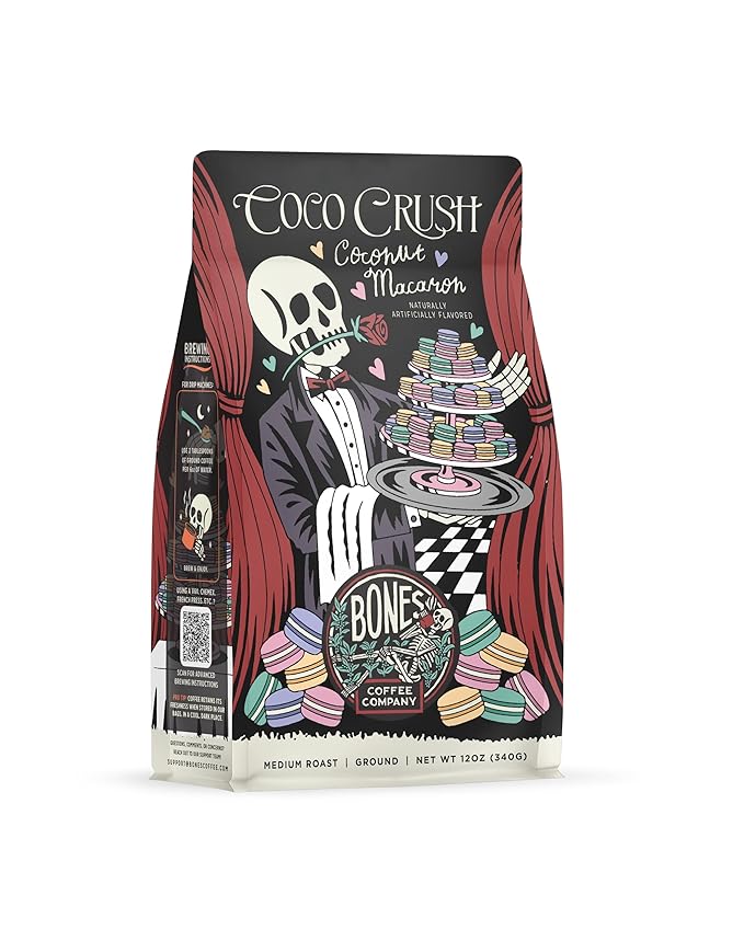 Bones Coffee Company Coco Crush, Coconut Macaron Flavored Coffee, Medium Roast Low Acid Arabica Beans Compatible with Auto drip and French Press Coffee Maker, 12 Oz Ground
