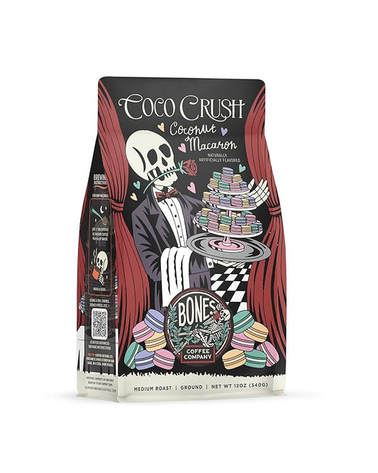 Bones Coffee Company Coco Crush, Coconut Macaron Flavored Coffee, Medium Roast Low Acid Arabica Beans Compatible with Auto drip and French Press Coffee Maker, 12 Oz Ground