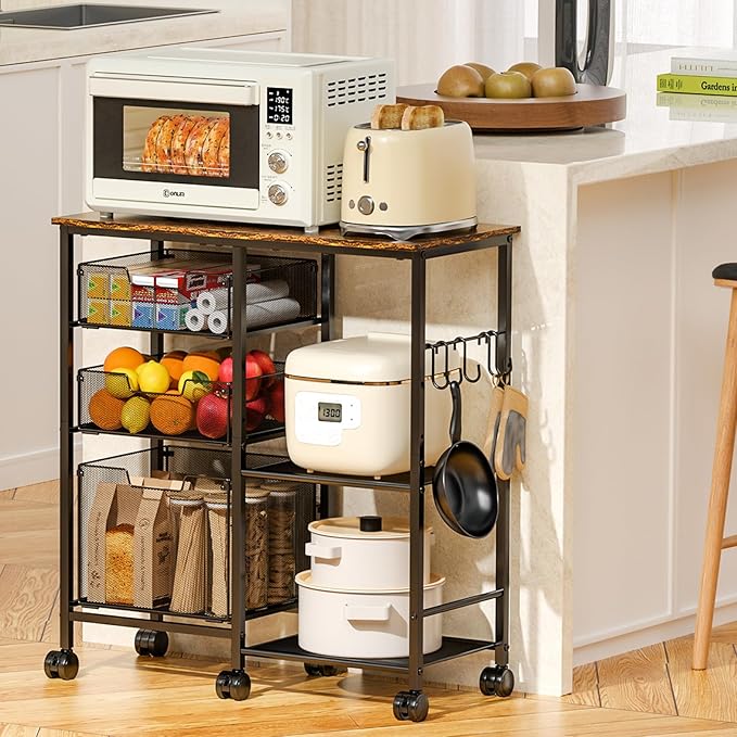 Kitchen Cart with Storage Shelf - Kitchen Organizer and Storage Cart, 3-Tier Microwave Cart with Storage Drawers, Wooden Top Metal Wire Utility Cart with Lockable Wheels for Kitchen