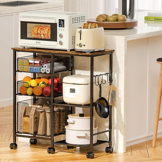 Kitchen Cart with Storage Shelf - Kitchen Organizer and Storage Cart, 3-Tier Microwave Cart with Storage Drawers, Wooden Top Metal Wire Utility Cart with Lockable Wheels for Kitchen