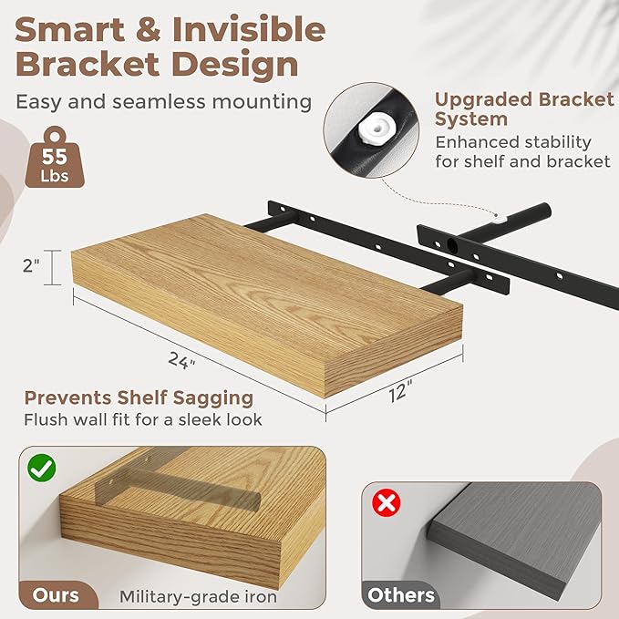 Marsmiles 12" Deep Floating Shelves for Wall with Invisible Brackets, Wall Mounted Engineered Wood Shelves with Wood Grain for Living Room, Bedroom, Kitchen Decor and Storage, 24" L Set of 2, Oak
