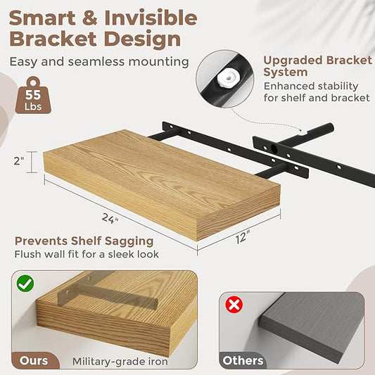 Marsmiles 12" Deep Floating Shelves for Wall with Invisible Brackets, Wall Mounted Engineered Wood Shelves with Wood Grain for Living Room, Bedroom, Kitchen Decor and Storage, 24" L Set of 2, Oak