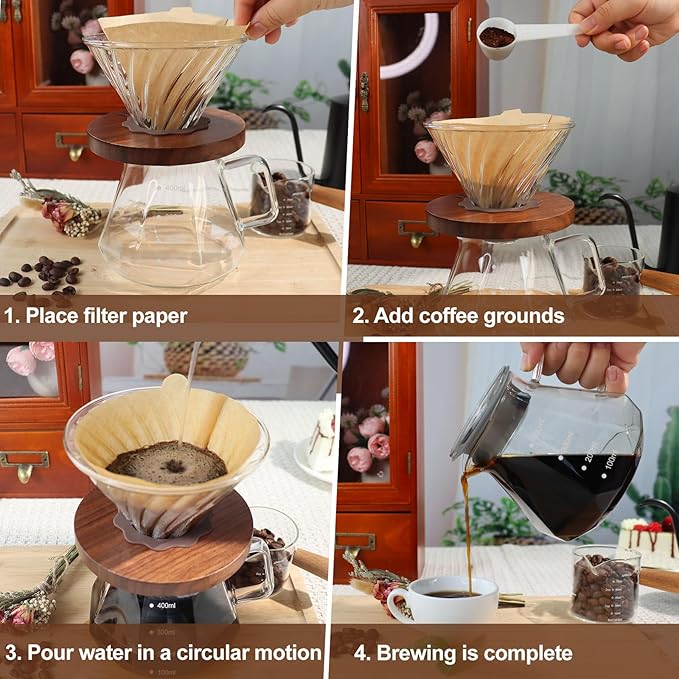 Pour Over Coffee Maker Set 400ml 13.5oz Portable with 50 Pcs Filter Paper Glass Coffee Maker High Borosilicate Glass Eagle Beak Spout Design Walnut Wood Base for Pour Over for Daily Brewing
