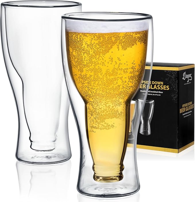 Dragon Glassware Beer Glasses - 13.5 oz Clear Double Wall Insulated Beer Glass Set of 2 - Upside Down Design - Holds One Full Bottle - Freezer Safe