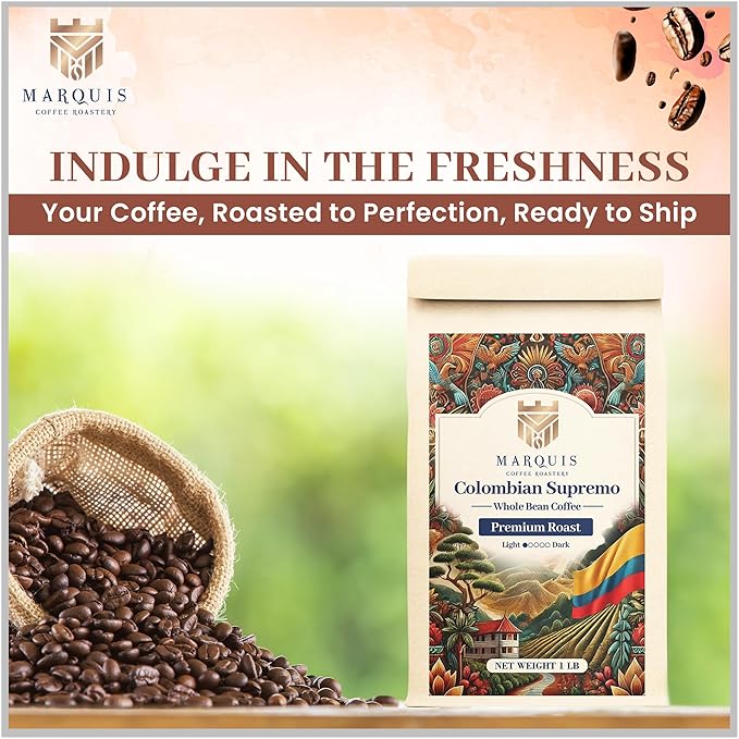 Marquis - Colombian Supremo Coffee Beans, Rich and Bold, Fresh Coffee with a Heady Aroma, Premium Light Roast Colombian Whole Beans, 1 lb