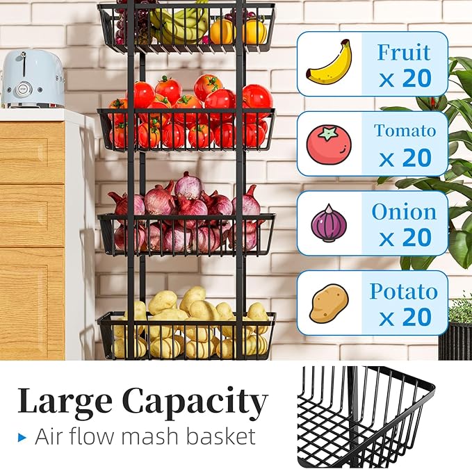 Simple Trending 4 Tier Rolling Fruit Vegetable Basket Cart, Metal Wire Kitchen Storage Organizer on Wheels for Bread Onion Potatoes, Black