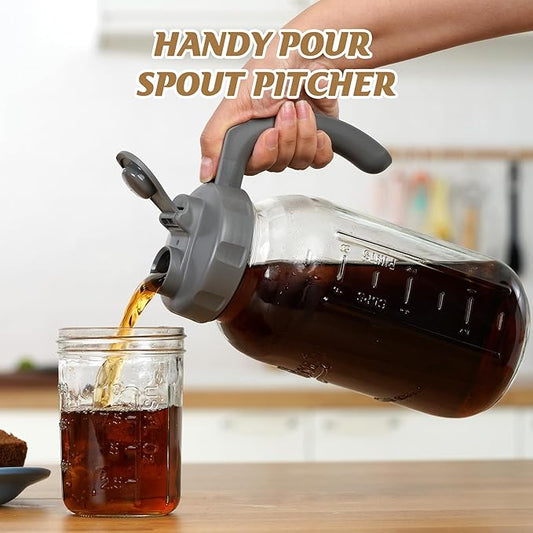 Soligt Glass Mason Jar Pitcher with Lid, Wide Mouth Flip Cap Pour Spout Leak-proof Lid with Handle, 64 oz (2 Quart / 1.9 Liter), for Iced Coffee/Sun Tea Juice/Cold Brew/Milk (1 Pack, Dark Gray)