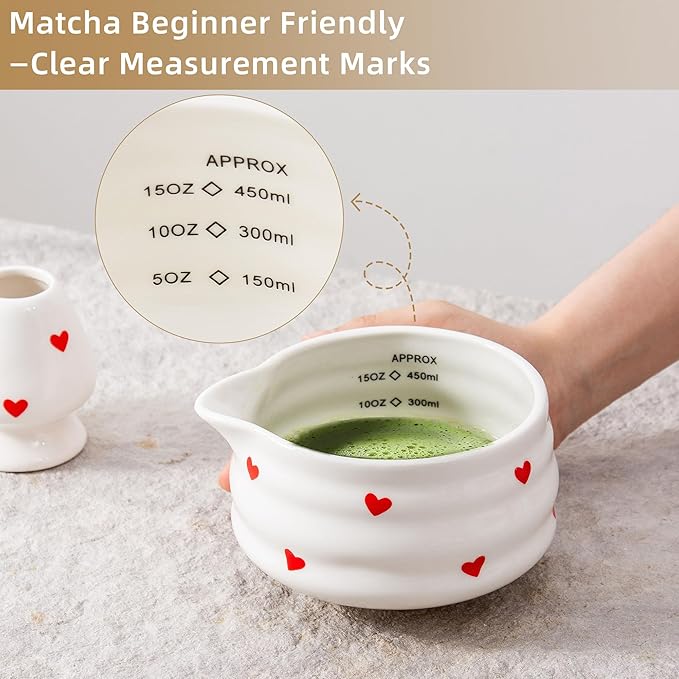 5pcs Premium Matcha Set,Ceramic Bowl with Spout and Bamboo Whisk set, Ceremonical Matcha Kit for breakfast/latte,Tea Starter Making Kit,Unique Matcha Gift set (love)