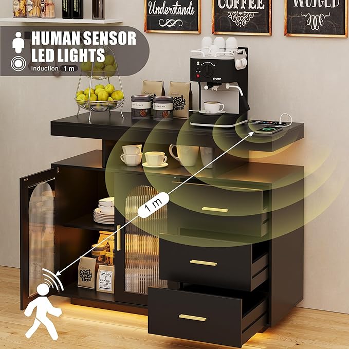 HWB RGB LED Coffee Bar Cabinet Kitchen Storage Cabinet & Sideboard Buffet Cabinets - Wood Coffee Bar Table with Shelf Capacity for Dinning Room/Living Room/Kitchen(Black)
