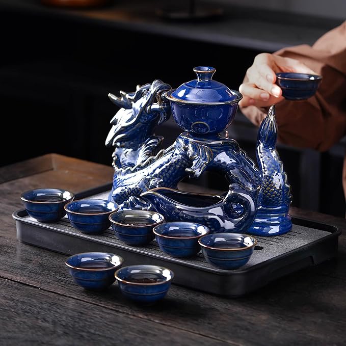 Semi Automatic Tea Set Ceramic Teapot with Infuser Magic Teapot with 8 cups (dark blue dragon-a)